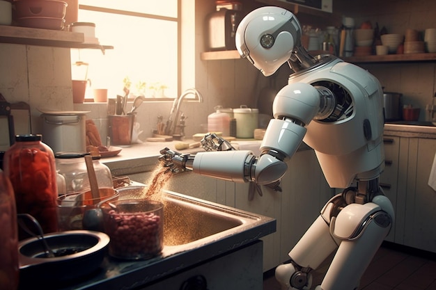 A robot in a kitchen with a sink and a window behind him