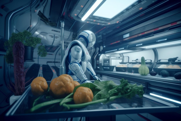 Photo a robot in a kitchen with a table full of vegetables.