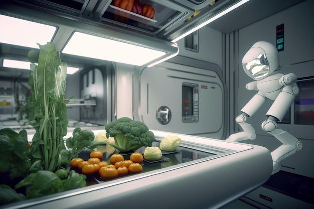A robot in a kitchen with vegetables on the counter.