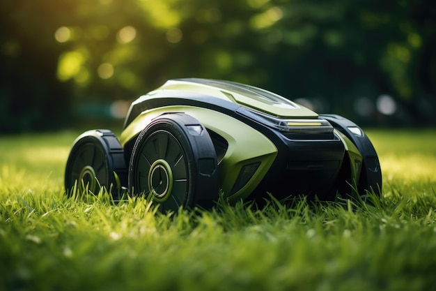 Robot lawn mower on green grass in village garden Generative Ai