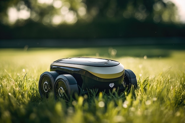 村の庭の緑の芝生の上のロボット芝刈り機ジェネレーティブ Ai