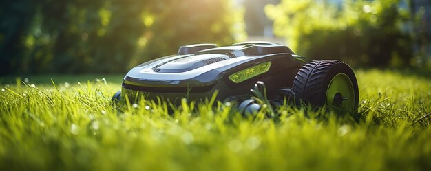 Robot lawn mower on green grass in village garden panorama Generative Ai