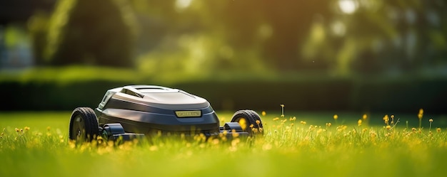 Robot lawn mower on green grass in village garden panorama Generative Ai