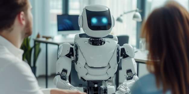 Foto robot che conduce una riunione con professionisti del mondo degli affari