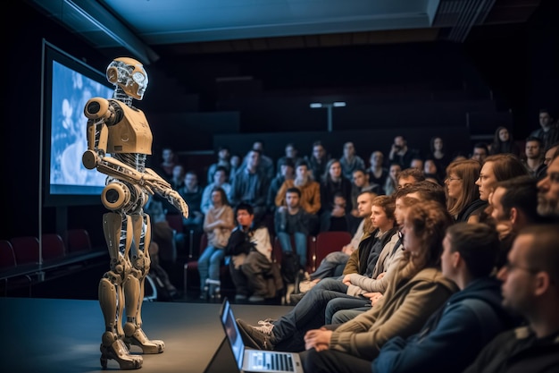 로봇 강사가 AI가 인간 행동에 미치는 중대한 영향에 대해 이야기합니다.