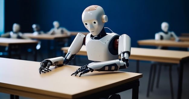 Robot like human sitting at the desk Humanoid robot with artificial intelligence Generative AI