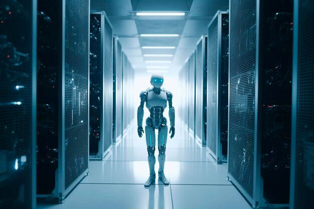 Robot Looking at Camera in server room Chat with AI or Artificial Intelligence concept