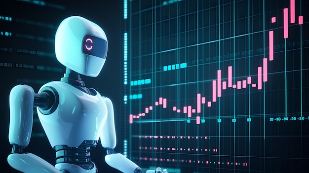 A robot looking at a graph with a blurry background