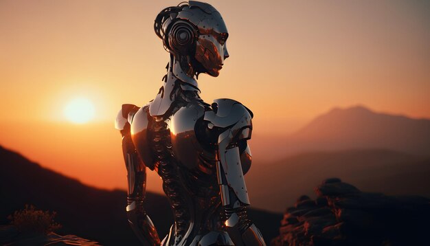 A robot looking out over a mountain at sunset