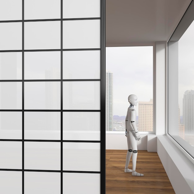 Robot looking out of window, 3d rendering