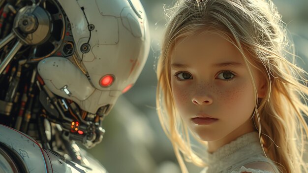 Photo robot looking at small girl close up