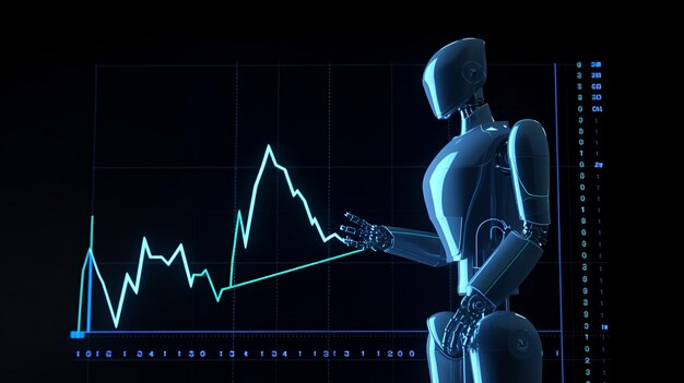 a robot looks at a graph with a blue line showing the time of 1 : 30.