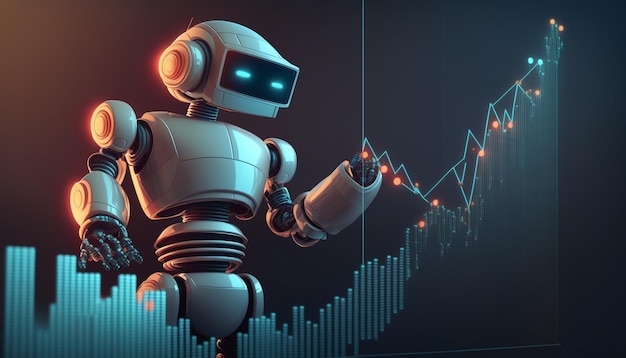 A robot looks at a graph with the numbers 1, 2, 3, 5, 5, 5, 5, 8, 8, 8, 8, 8, 8, 8, 8