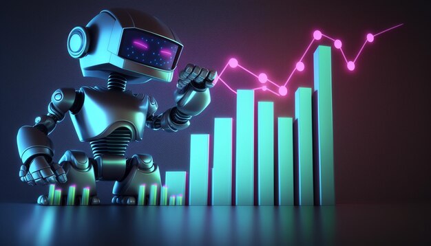 A robot looks at a graph with the numbers going up.