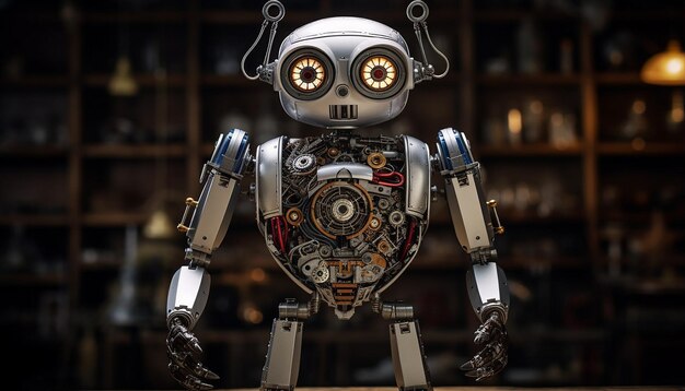 A robot made of metal and electronic components Front view slow shutter speed photography