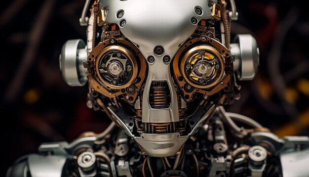 A robot made of metal and electronic components Front view slow shutter speed photography