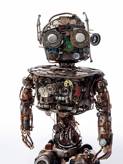 A robot made of rusty metal with a white background