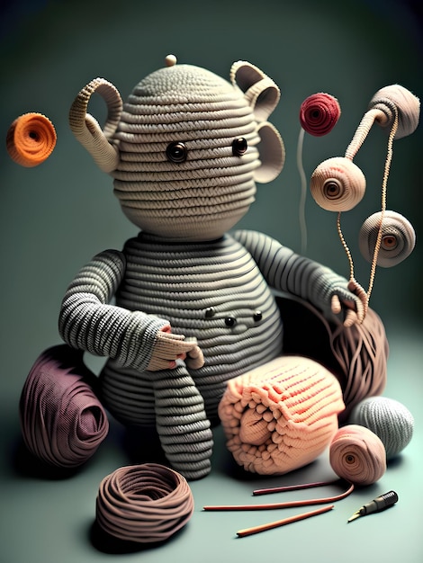 A robot made of yarn and yarn sits on a table