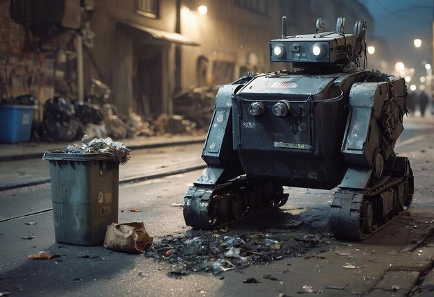 Robot make hard work transports cleans up trash garbage container in city