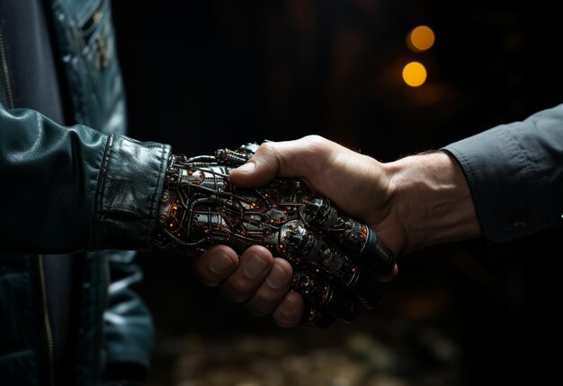 Robot and man hands in handshake AI technology development and human robot relationships realistic