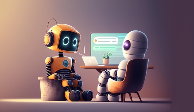 Photo a robot and a man sit in front of a computer screen.