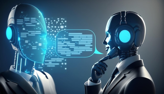 A robot and a man in suits talk to each other.