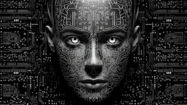 ニューラルリンクインテリジェンスビッグデータを備えたロボットメカニックの顔サイバーパンクアンドロイドロボットバイオニック人工
