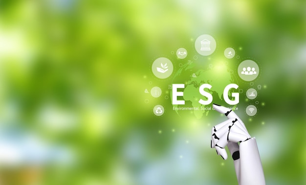 ロボットの機械アームまたはハンドは、環境社会的および社会的配慮のために手に ESG アイコンのコンセプトを押します。