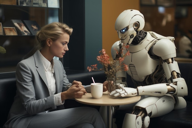 Photo a robot meeting with a human at the office desk