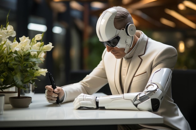 A robot meeting with a human at the office desk