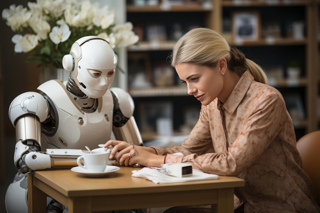 Foto un robot incontra un essere umano alla scrivania dell'ufficio