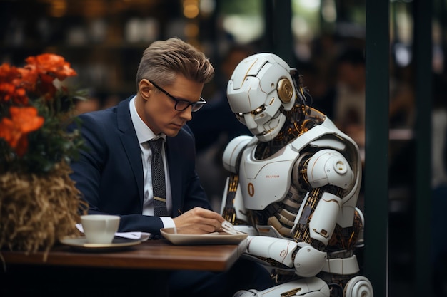 A robot meeting with a human at the office desk