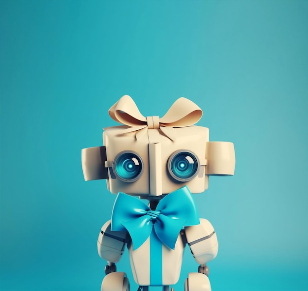 Robot met blauwe ogen met strik op blauwe achtergrond Generatieve AI
