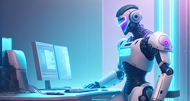 Robot met computerwerk op kantoor