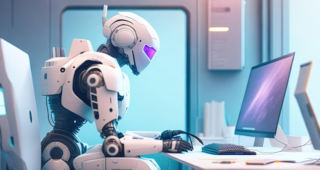 Robot met computerwerk op kantoor