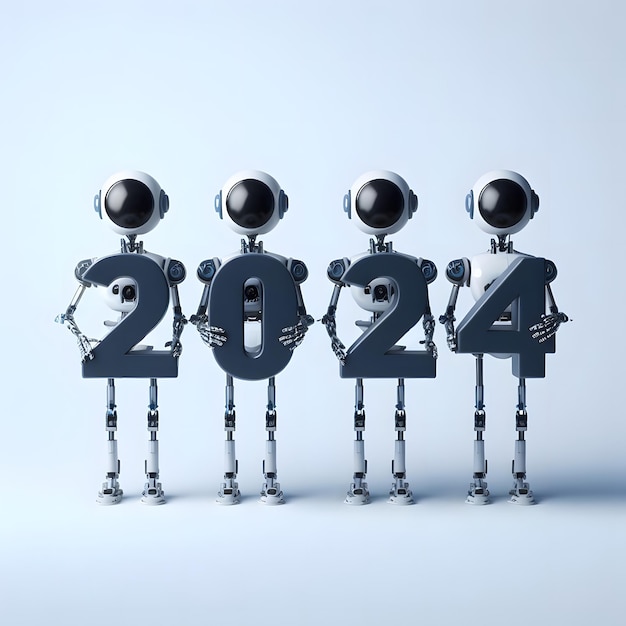 Robot met de cijfers 2024 Gelukkig Nieuwjaar op een witte achtergrond futuristische technologie