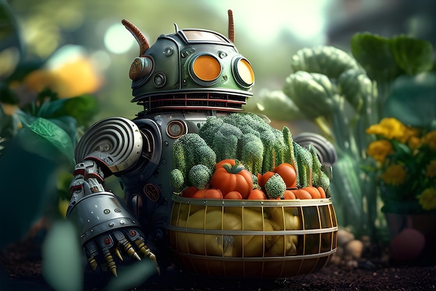 Robot met een mandje groenten in de tuin