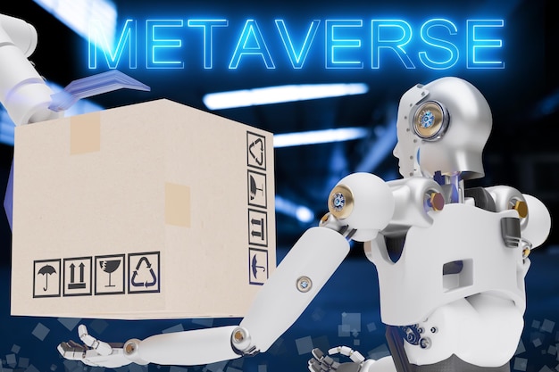 Robot metaverse vr avatar realtà gioco realtà virtuale di persone blockchain investimenti in tecnologia, stile di vita aziendale realtà virtuale vr mondo connessione cyber avatar metaverse persone 2022 render 3d