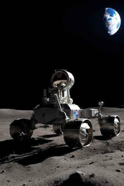 A robot on the moon with the dark in the background