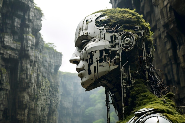 Robot in the mountains and with plants ruined city The concept of the future apocalypse Generated AI