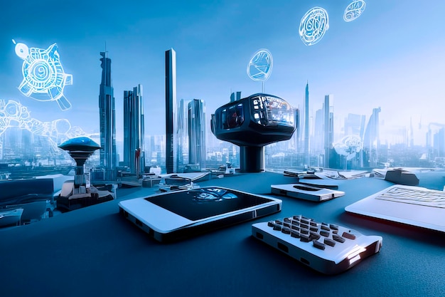 Robot office finance futuristic interpretation 2025 illustration for advertising films posters