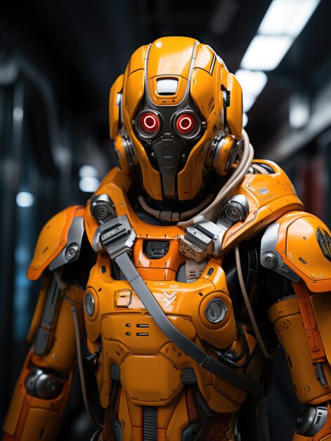 A robot in orange and black standing in a dark tunnel ai