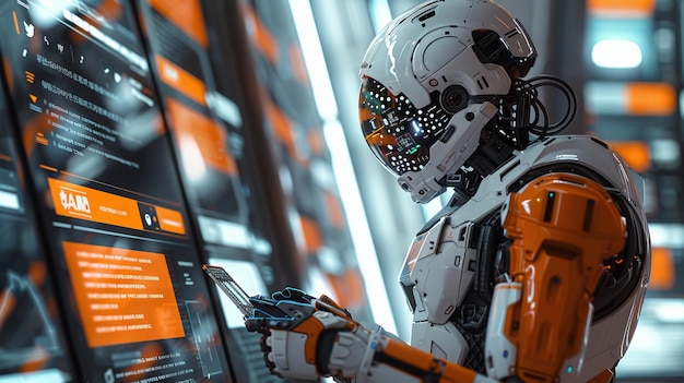 A robot in an orange suit looking at a computer screen