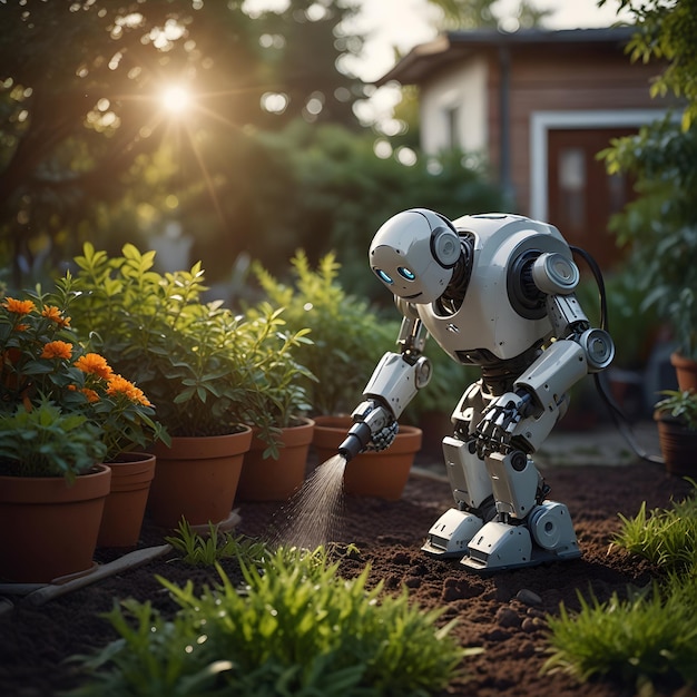 A robot outside in the garden watering the plants