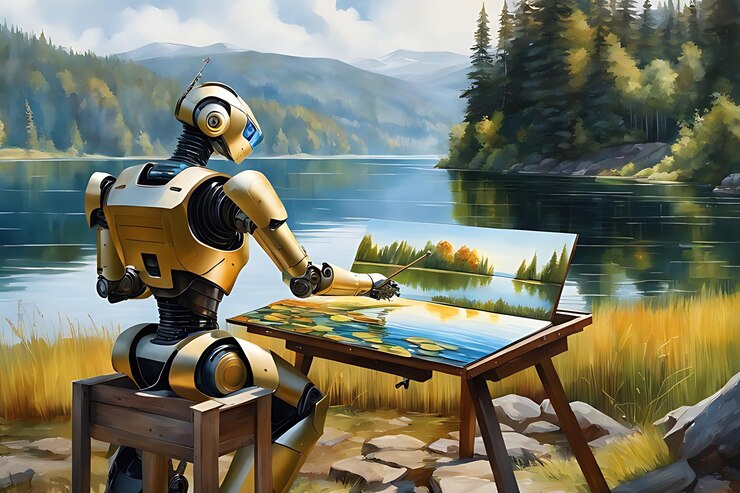 Photo 湖畔で油絵を描くロボット