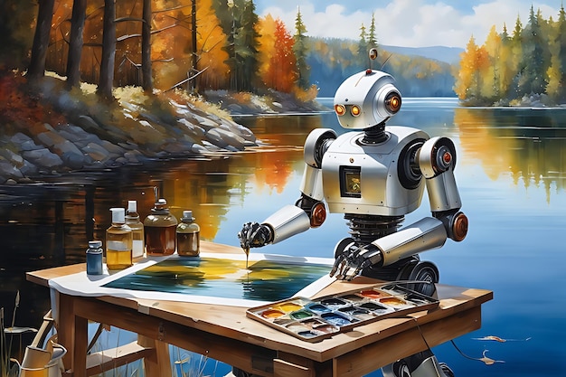 Robot paints oil painting by the lake