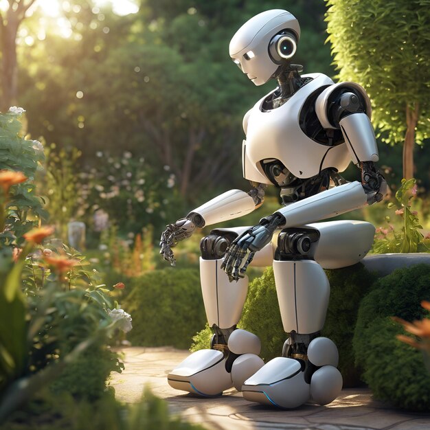 A robot philosopher pondering the mysteries of existence in a serene garden