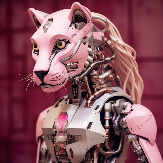 A robot pink panther with a pink face