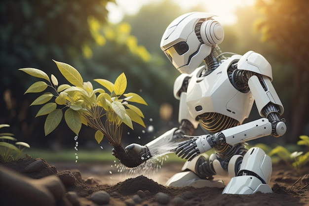 Robot plant een plant in een tuin