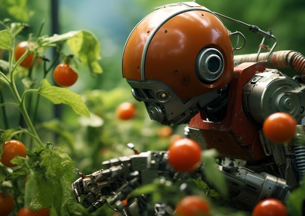 Photo a robot in a plant with orange tomatoes.